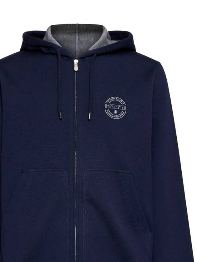 Logo Print Double Fleece Zip Up Hoodie Dark Blue - BRUNELLO CUCINELLI - BALAAN 4