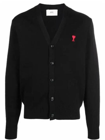 Red Heart Logo Merino Wool Cardigan Black - AMI - BALAAN 2