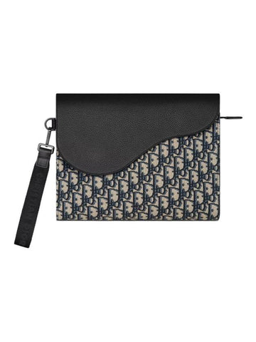 Saddle A5 Triangle Oblique Jacquard Grained Calfskin Pouch Bag Beige Black - DIOR - BALAAN 1