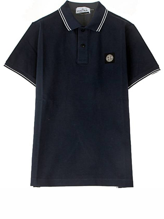 Men's Two Line Wappen Patch Short Sleeve Polo Shirt Blue Navy - STONE ISLAND - BALAAN.