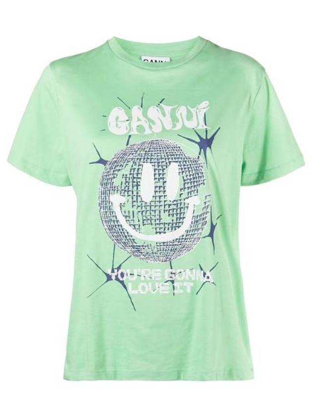 Smiley Relaxation Logo Round Neck Cotton Short Sleeve T-Shirt Green - GANNI - BALAAN 2