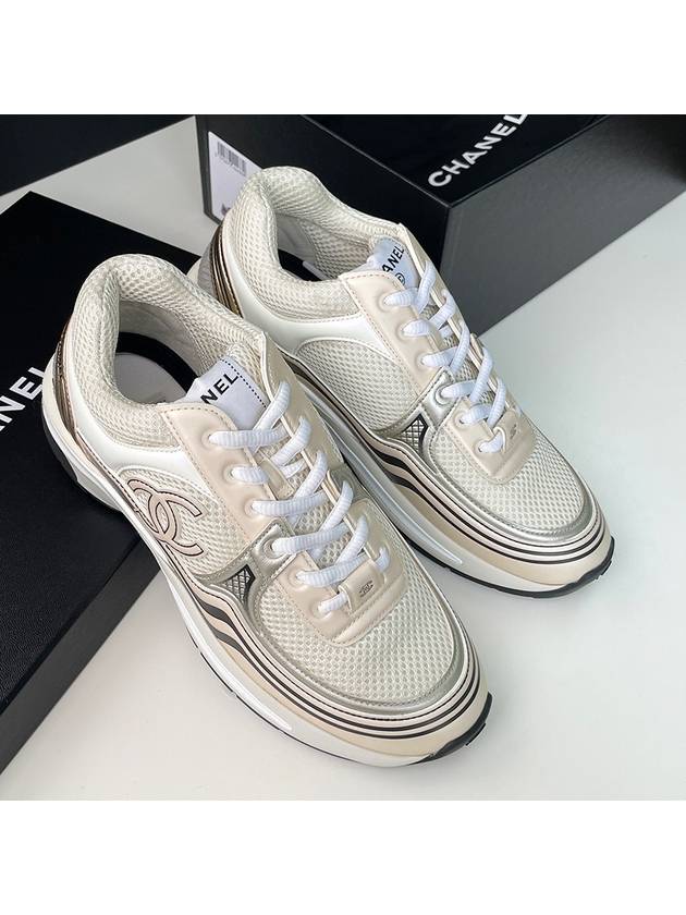 Women CC Logo Fabric Laminated Low Top Sneakers Silver Ivory - CHANEL - BALAAN 5