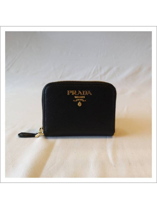 Metal Logo Saffiano Coin Card Wallet Black - PRADA - BALAAN.