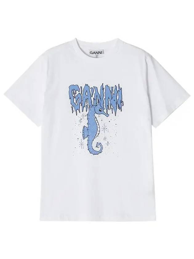 Seahorse Print Cotton Short Sleeve T-Shirt White - GANNI - BALAAN 6