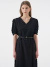 Lucia V-neck puff half-sleeve belted long dress black - AME - BALAAN 6