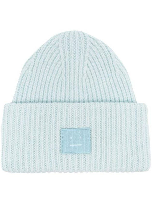 Face Patch Ribbed Wool Beanie Sky Blue Melange - ACNE STUDIOS - BALAAN 1