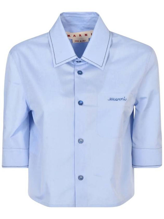 Embroidered Logo Pocket Cropped Short Sleeve Shirt Blue - MARNI - BALAAN.