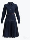 Stripe Flannel Pleated Bottom Belted Cotton Midi Dress Navy - THOM BROWNE - BALAAN 2