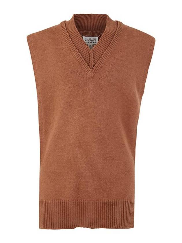 Layered Detail V-Neck Knit Vest Camel - MAISON MARGIELA - BALAAN 2