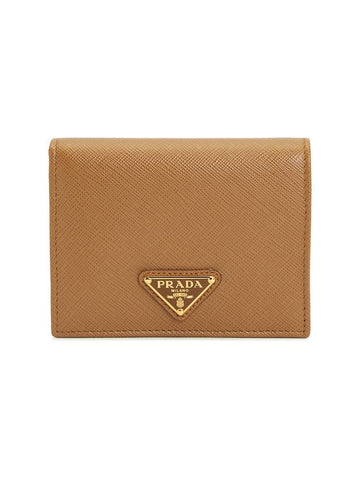 Gold Triangle Logo Saffiano Half Wallet Caramel - PRADA - BALAAN 1