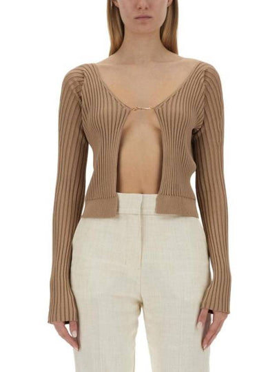 La Maille Pralu Longue Micro Charm Logo Cardigan Light Brown - JACQUEMUS - BALAAN 2