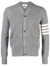 4-Bar Striped Waffle High V-Neck Cardigan Light Grey - THOM BROWNE - BALAAN 2