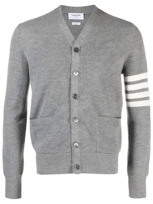 4-Bar Striped Waffle High V-Neck Cardigan Light Grey - THOM BROWNE - BALAAN 2