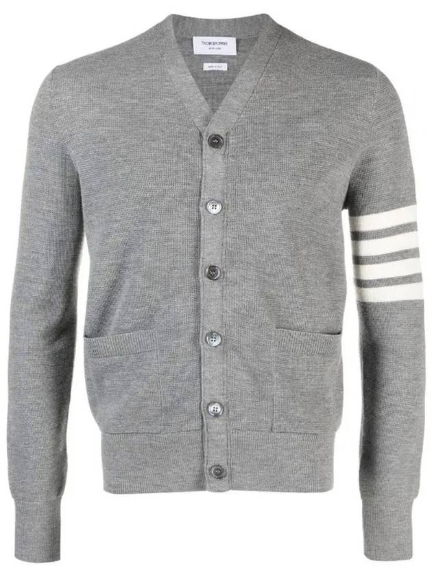 4-Bar Striped Waffle High V-Neck Cardigan Light Grey - THOM BROWNE - BALAAN 3