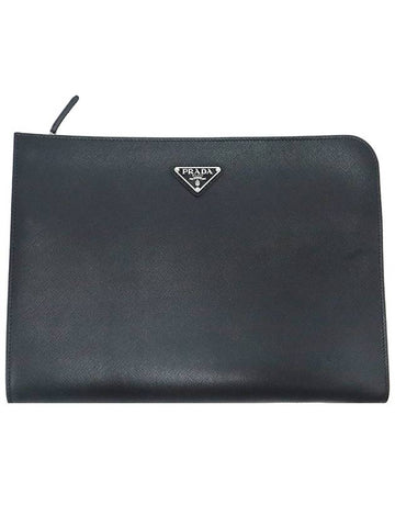 Prada 2VN003 Black Saffiano Silver Triangle Logo Pouch Clutch - PRADA - BALAAN 1