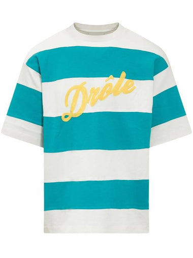 Logo Striped Cotton Short Sleeve T-Shirt Blue - DROLE DE MONSIEUR - BALAAN 1