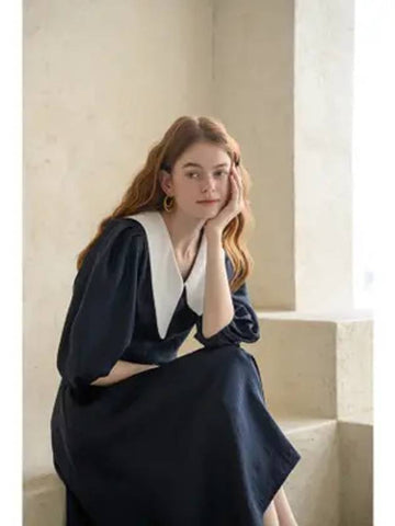 Puff sleeve wide collar A line long dress navy - CAHIERS - BALAAN 1