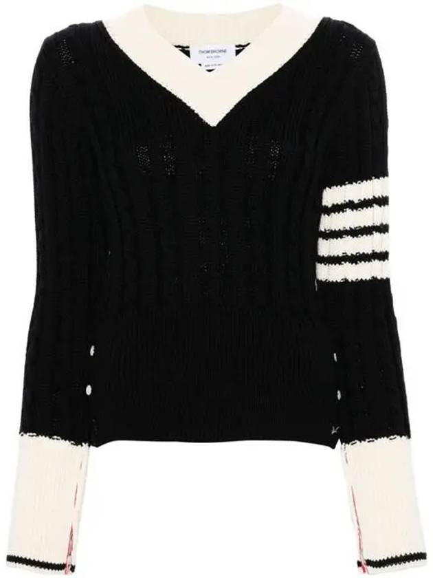 Baby Cable V-Neck Knit Top Navy - THOM BROWNE - BALAAN 2