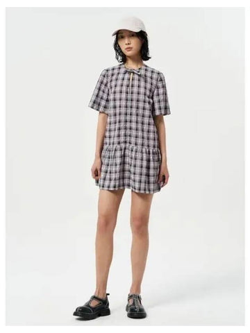 Seersucker check mini dress one piece petit light lilac domestic product GM0024042422178 - GANNI - BALAAN 1