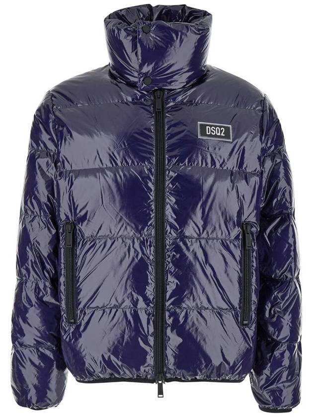 Blue Down Jacket With Logo Patch On The Front In Tech Fabric Man - DSQUARED2 - BALAAN 1