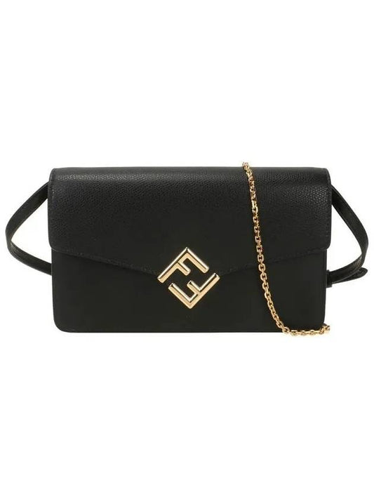 FF Logo Chain Diamond Leather Cross Bag Black - FENDI - BALAAN 2