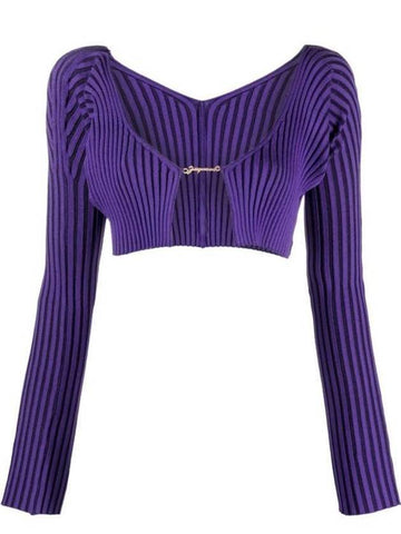 Le Maille Pralou Micro Charm Logo Crop Cardigan Purple - JACQUEMUS - BALAAN.