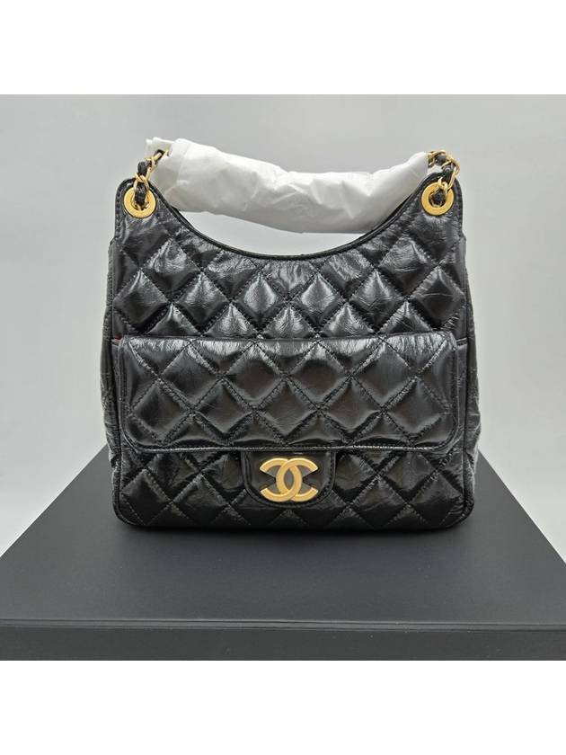 Hobo Handbag Shiny Crumpled Calfskin Gold Black - CHANEL - BALAAN 2