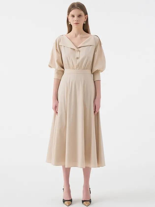 Women's Raina Deep V-neck Collar Flare Long One-Piece Beige - AME - BALAAN 1