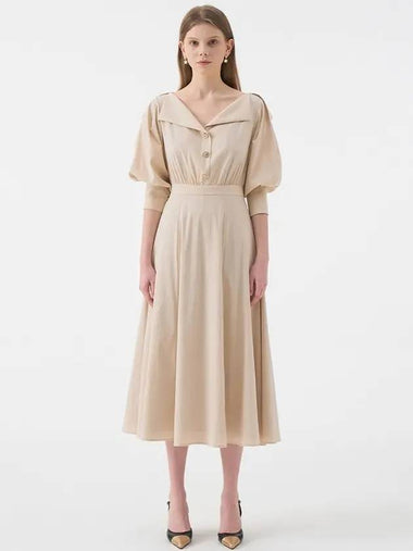 Leina Deep Vneck Collar Flared Dress Beige - AME - BALAAN 1