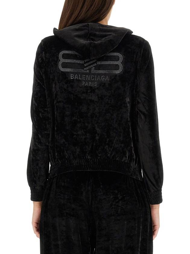 Women's BB Paris Strass Velvet  Zip-Up Hoodie Black - BALENCIAGA - BALAAN 4