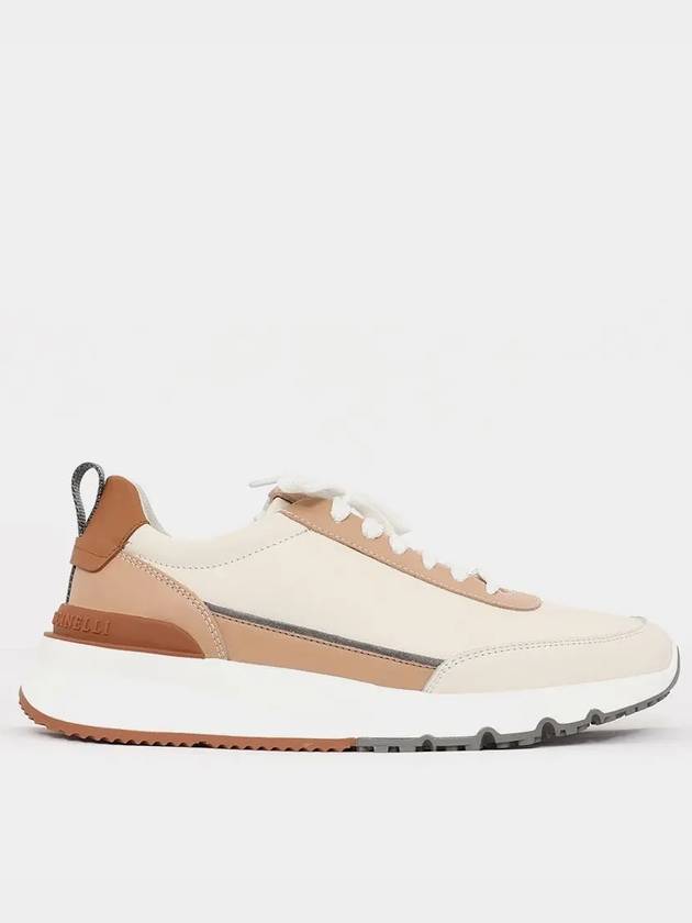 Logo Patch Leather Low Top Sneakers Beige White - BRUNELLO CUCINELLI - BALAAN 3