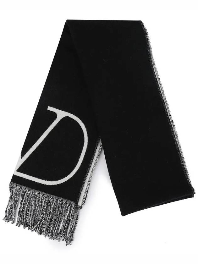 V Logo Fringe Edge Wool Muffler Black - VALENTINO - BALAAN 3