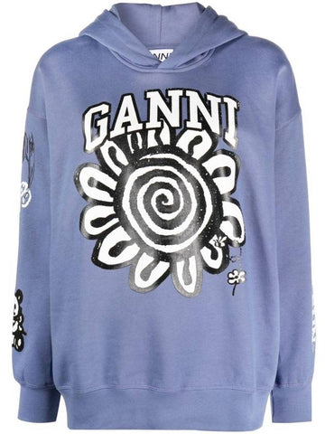 Printed Cotton Hoodie Blue - GANNI - BALAAN 1