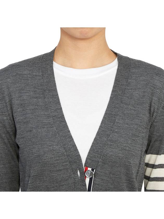 Sustainable Fine Merino Wool 4-Bar Relaxed Fit V-Neck Cardigan Medium Grey - THOM BROWNE - BALAAN 9