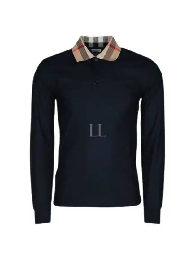 Check Collar Cotton Pique Long Sleeve Polo Shirt Smoke Navy - BURBERRY - BALAAN 2