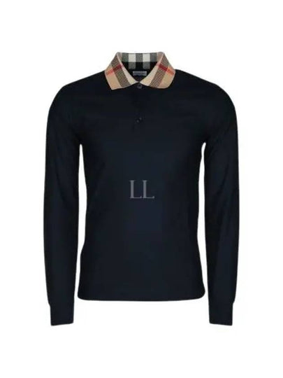 Check Collar Cotton Pique Long Sleeve Polo Shirt Smoke Navy - BURBERRY - BALAAN 2