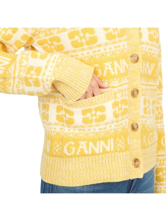 Intarsia Logo Wool V-Neck Cardigan Yellow - GANNI - BALAAN 9