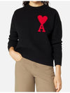 Big Heart Logo Embroidered Wool Knit Top Black - AMI - BALAAN.