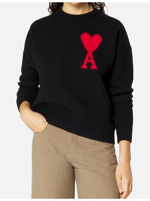 Big Heart Logo Overfit Wool Knit Top Black - AMI - BALAAN 3