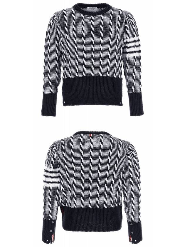 Bicolor Twist Cable 4 Bar Crew Neck Knit Top Navy - THOM BROWNE - BALAAN 6