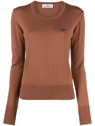 Women's Embroidered Logo Bea Wool Knit Top Brown - VIVIENNE WESTWOOD - BALAAN.