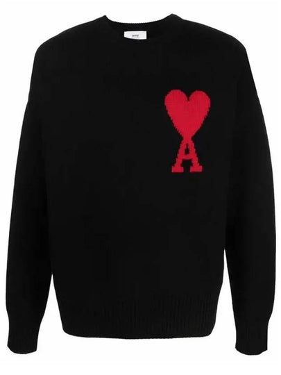 Big Heart Logo Overfit Wool Knit Top Black - AMI - BALAAN 2