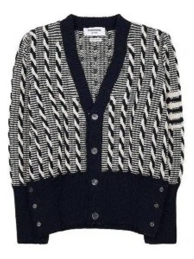 4-bar V-neck Twist Cable Knit Cardigan Navy - THOM BROWNE - BALAAN 2