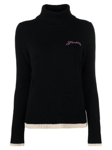 Embroidered Logo Turtleneck Knit Black - GANNI - BALAAN 1