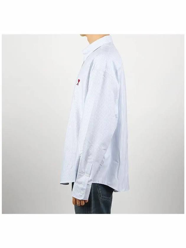 Heart Logo Stripe Oversized Fit Long Sleeve Shirt White Light Blue - AMI - BALAAN 4