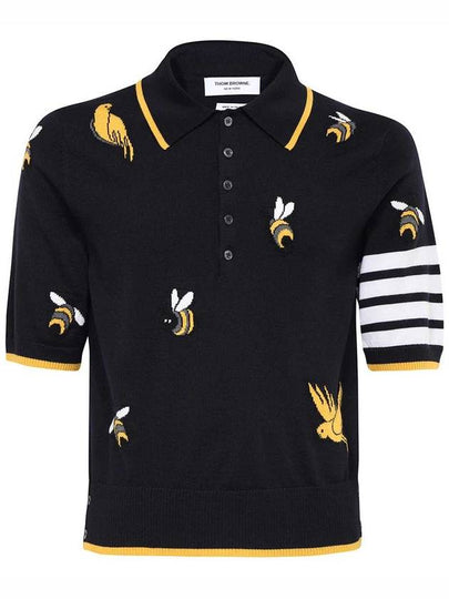 Men's Bird Bee Half Drop 4 Bar Merino Cotton Short Sleeve Polo Shirt Navy - THOM BROWNE - BALAAN 2