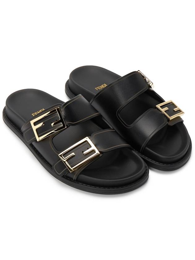 Women's FF Leather Fill Flat Sandals Slippers Black - FENDI - BALAAN 4