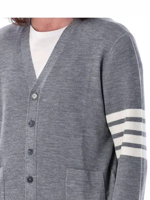 4-Bar Striped Waffle High V-Neck Cardigan Light Grey - THOM BROWNE - BALAAN 6