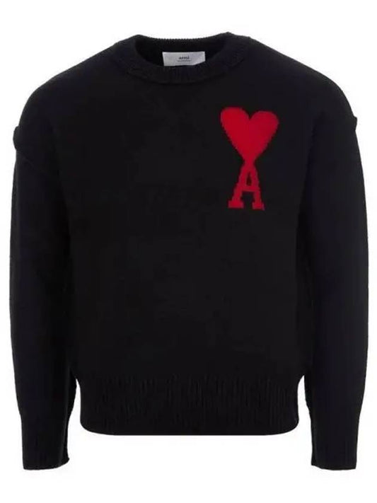 Intarsia Big Heart Logo Wool Knit Top Black - AMI - BALAAN 2