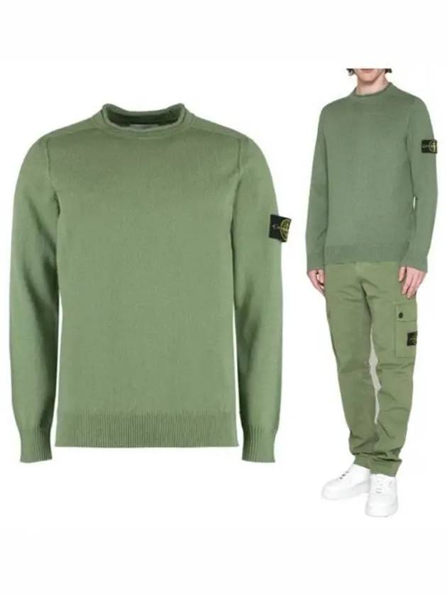 Men's Waffen Patch Crew Neck Raw Cotton Knit Top Green - STONE ISLAND - BALAAN 2